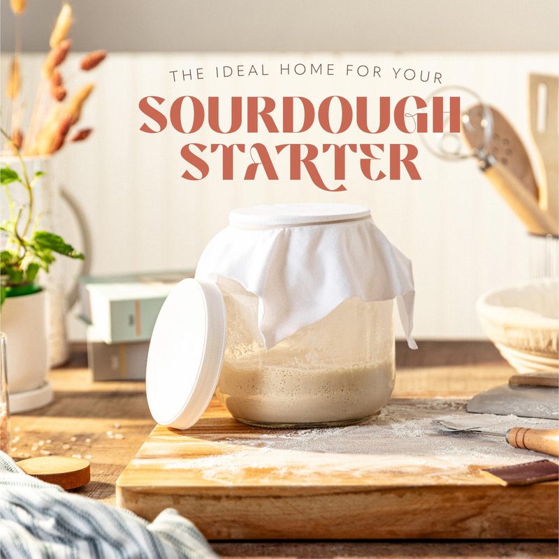 kitchentoolz Sourdough Starter Jar - Large Glass Wide Mouth Mason Jar for Storing Sour Dough Bread Starter with Cloth and Lid - Half Gallon - Made in USA