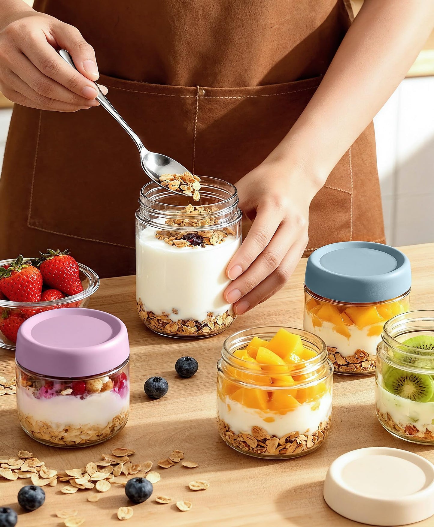 6 pack 10 oz Overnight Oats Containers with Lids and Spoons Glass Jars with Airtight Lids: Wide Mouth Mason Salad Jars, Leakproof and Reusable Glass Food Storage Container for Yogurt Snacks Spice