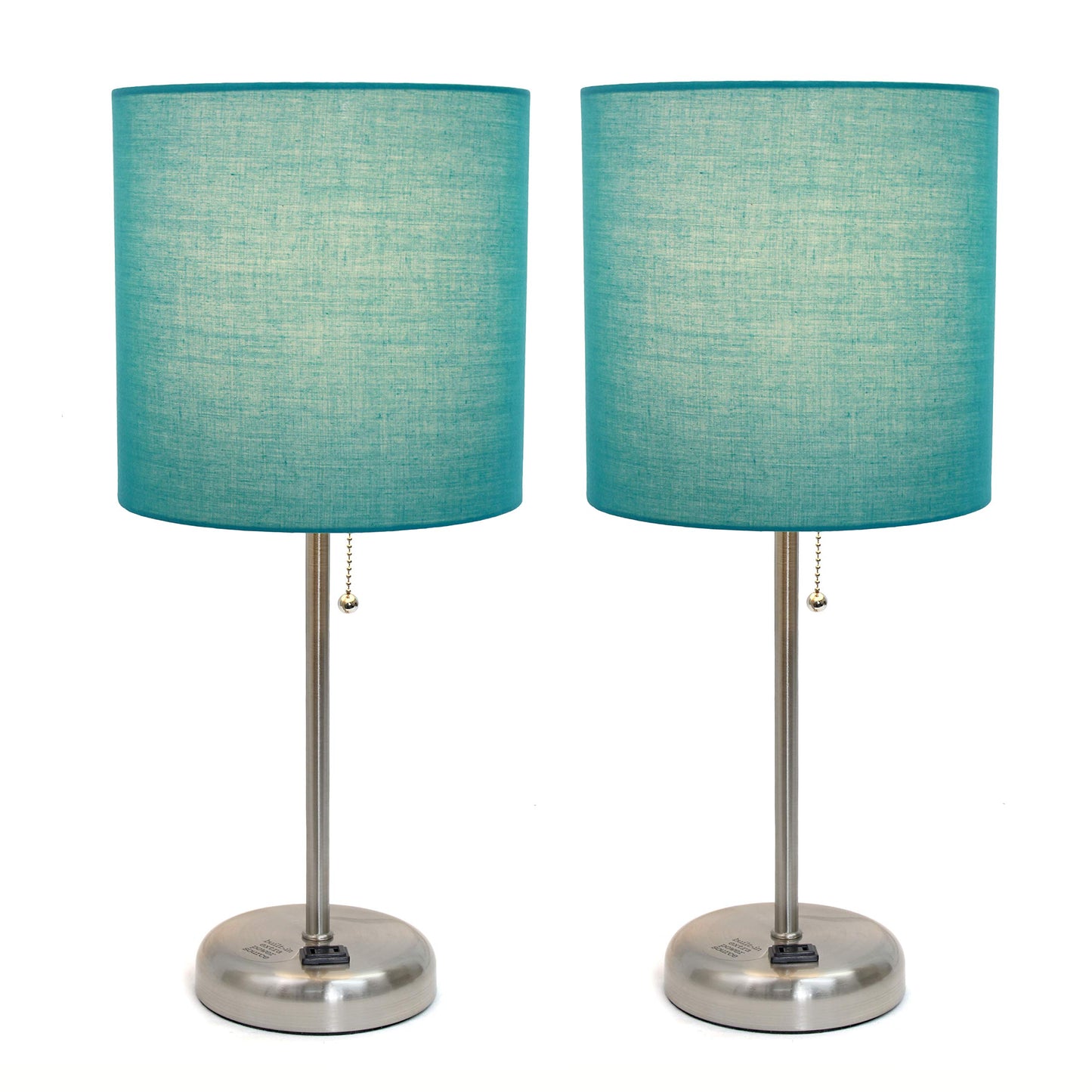 Simple Designs LC2001-TEL-2PK Brushed Steel Stick Table Lamp Set with Charging Outlet and Teal Fabric Shades, 2 Pack Set