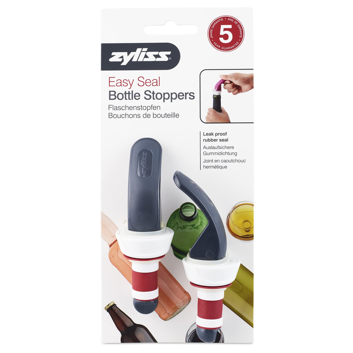 Zyliss Easy Seal Bottle Stoppers – Leak-Proof Wine and Champagne Stoppers with Long Easy-Lock Handle, Comfortable Grip, Airtight Seal, Modern Design in Gray and Red, Durable and Dishwasher Safe