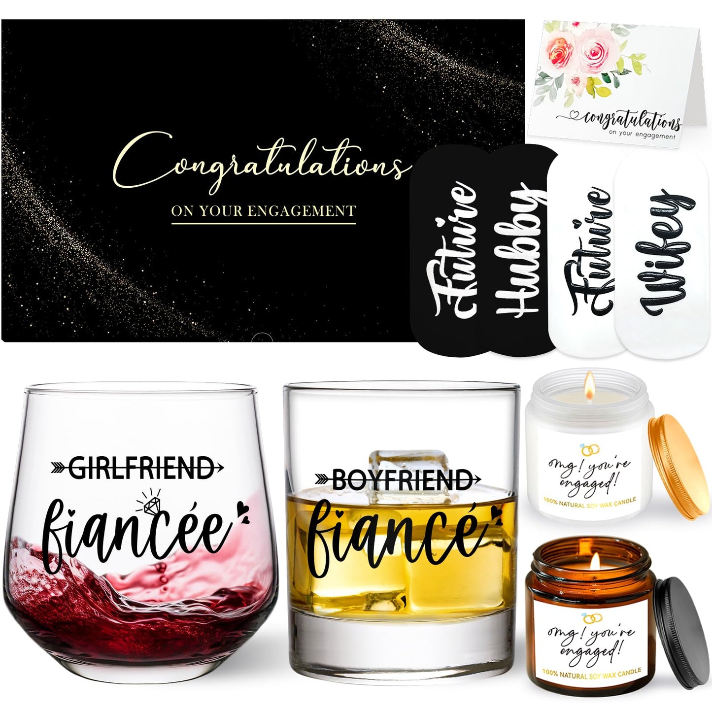 Engagement Gifts for Couples, Engagement Gifts for Newly Engaged Couples, Boyfriend & Girlfriend Wine and Whiskey Glass Set, Fiance Fiancee Gifts for Mr and Mrs, His and Hers, Newlywed Wedding Gifts