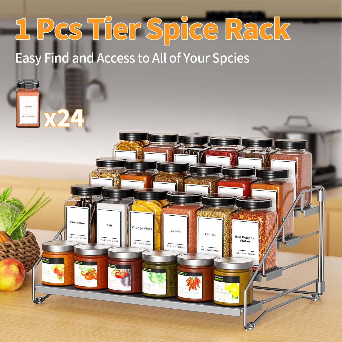 BOIVSHI 4 Tier Spice Rack for Cabinet, Spice Rack Organizer, Depth Adjustable Spice Organizer for Countertop, Cupboard, Pantry, Seasoning Shelf, Metal, Gray (1 Pack)