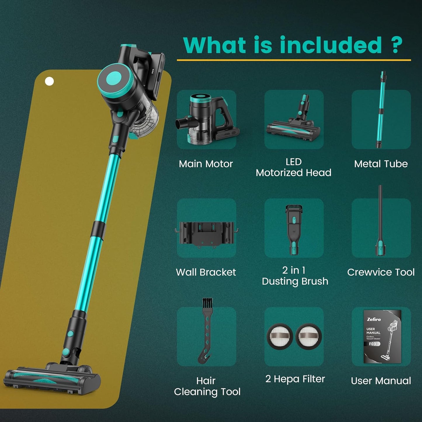 Zefiro 350W Cordless Vacuum Cleaner - 45 Minutes Runtime, Lightweight Design, 1.5L Dust Cup | Ideal for Hardwood Floors & Pet Hair (Green)