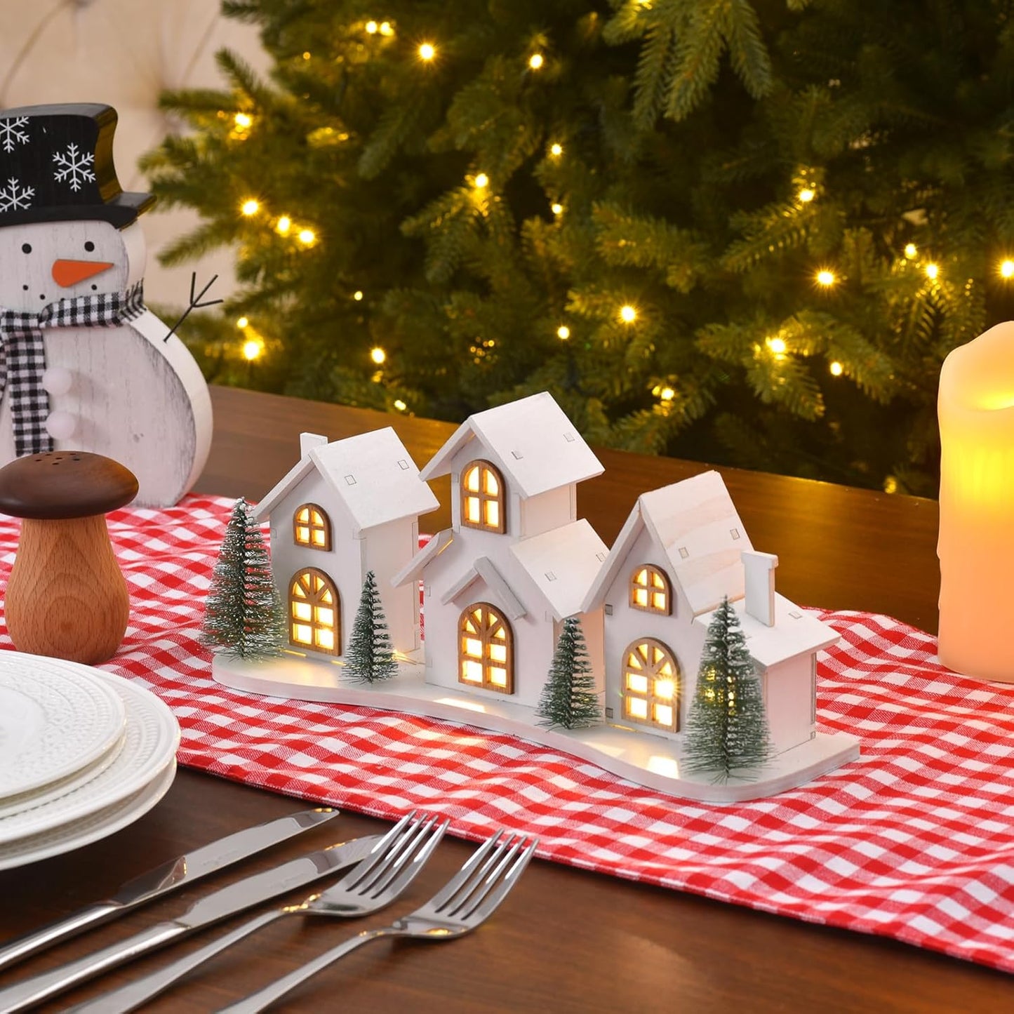 Skiennix White Christmas Village House Decoration - LED Lights & Wooden Centerpiece | Mini Winter Town Tabletop Decor