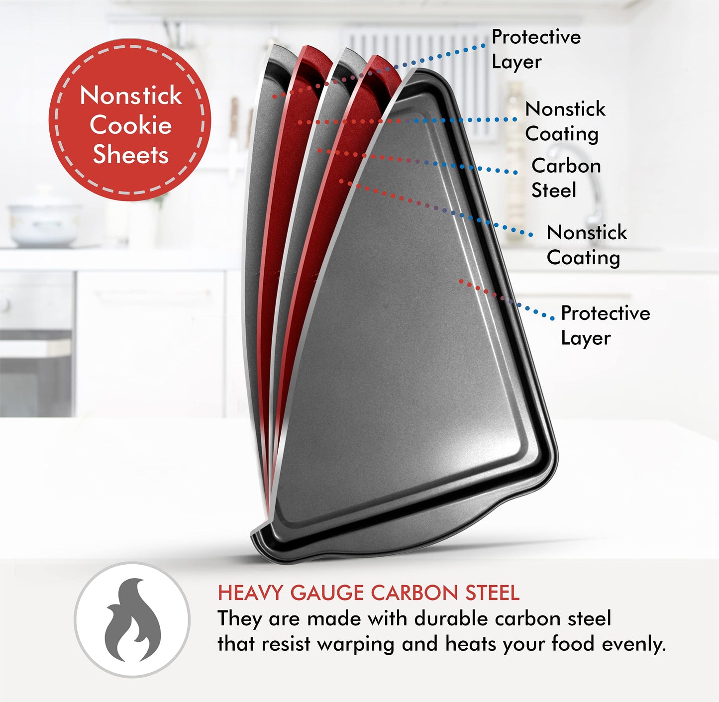 Perlli Cookie Sheets for Baking Non Stick Oven Pan Tray Baking Sheet 3-Piece Set (Small, Medium & Large) Carbon Steel BPA Free Cooking and Baking Trays for Cakes and Cookies