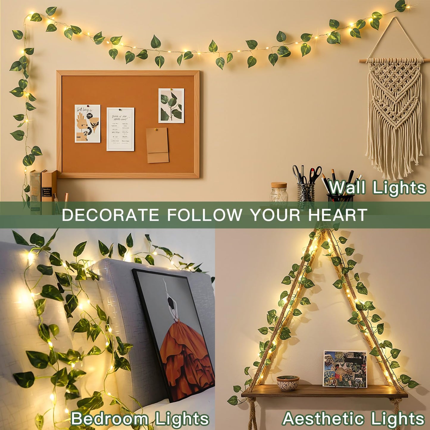 suddus Vines with Lights Battery Operated, 20 LED 6.56FT Fairy Lights Leaves with Timer, Pothos Vines String Lights for Bedroom,Dorm, Wall, Garden, Party, Christmas, Wedding Decor (Warm White)