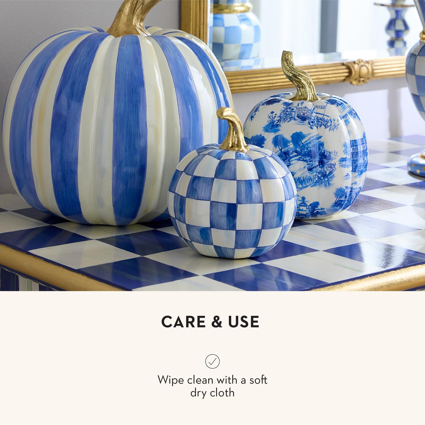 MACKENZIE-CHILDS Mini Pumpkin, Resin Halloween Home Decor, Blue-and-White Royal Check