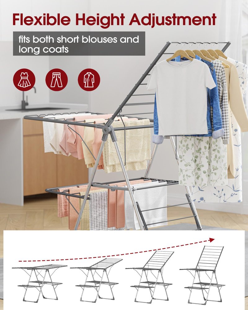 Sakugi Clothes Drying Rack, Foldable 2-Level Laundry Drying Rack with Height-Adjustable Wings, for Clothing & Bedding, Free-Standing Space-Saving Rack, Indoor & Outdoor, 55.5" L × 22.8" W, Gray