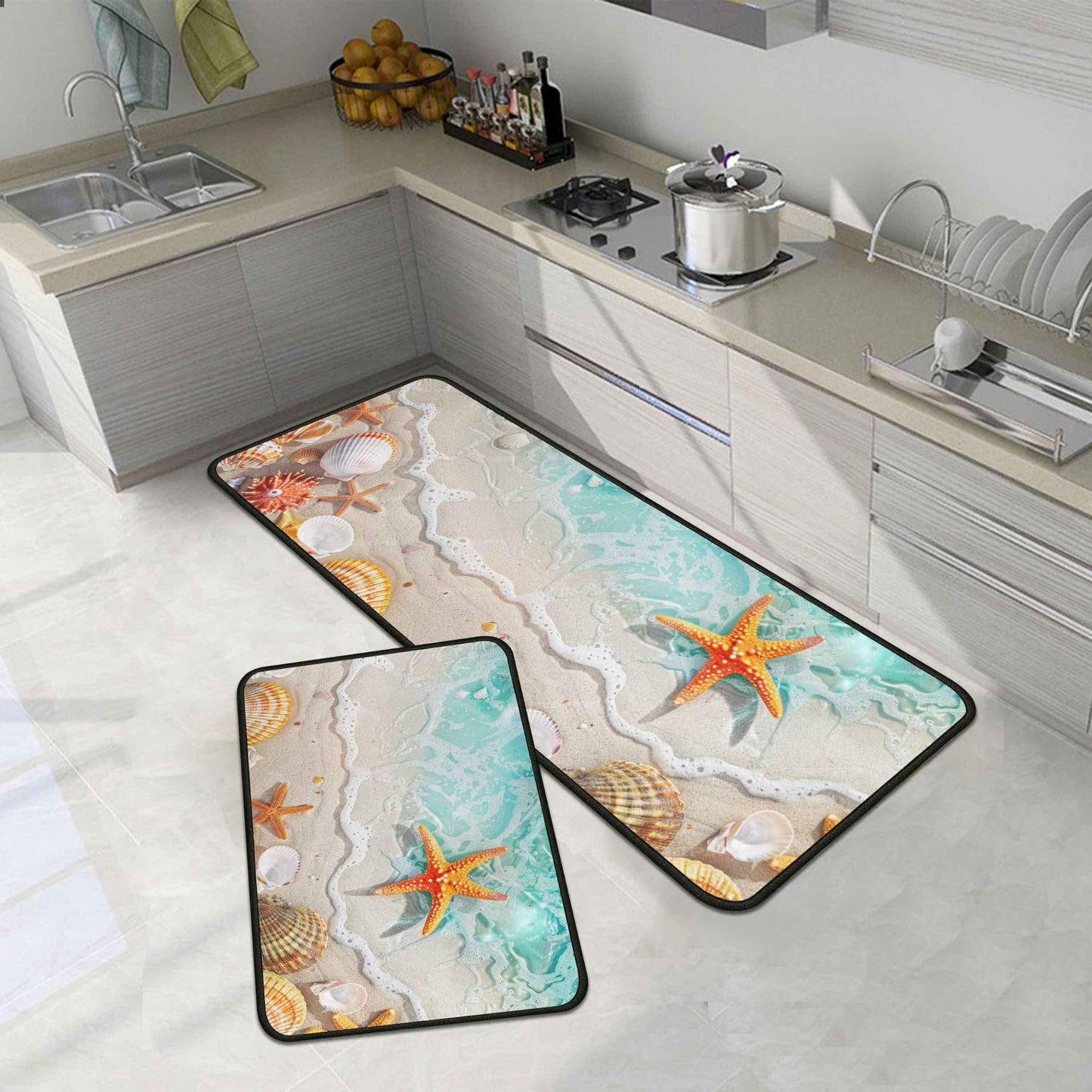 Lumiprinta Ocean Theme Tropical Beach Seashell Starfish Decorative Kitchen Rugs and Mats Set of 2, Low-Profile Floor Mats Decorations for Home Kitchen 17"x47"+17"x30"