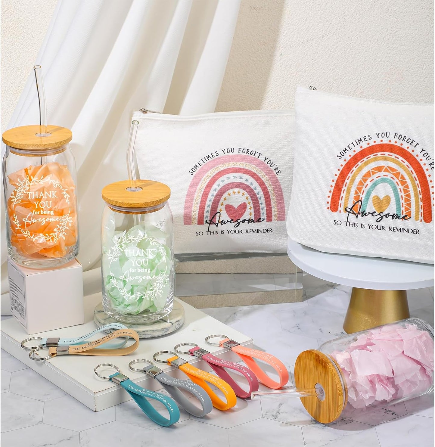 Layhit 10 Sets Employee Appreciation Gifts Thank You Tumbler for Coworker Office Staff Christmas Glass Cups with Lid and Straw Makeup Bag Keychain Team Gift for Women Men(Thank You for Being Awesome)