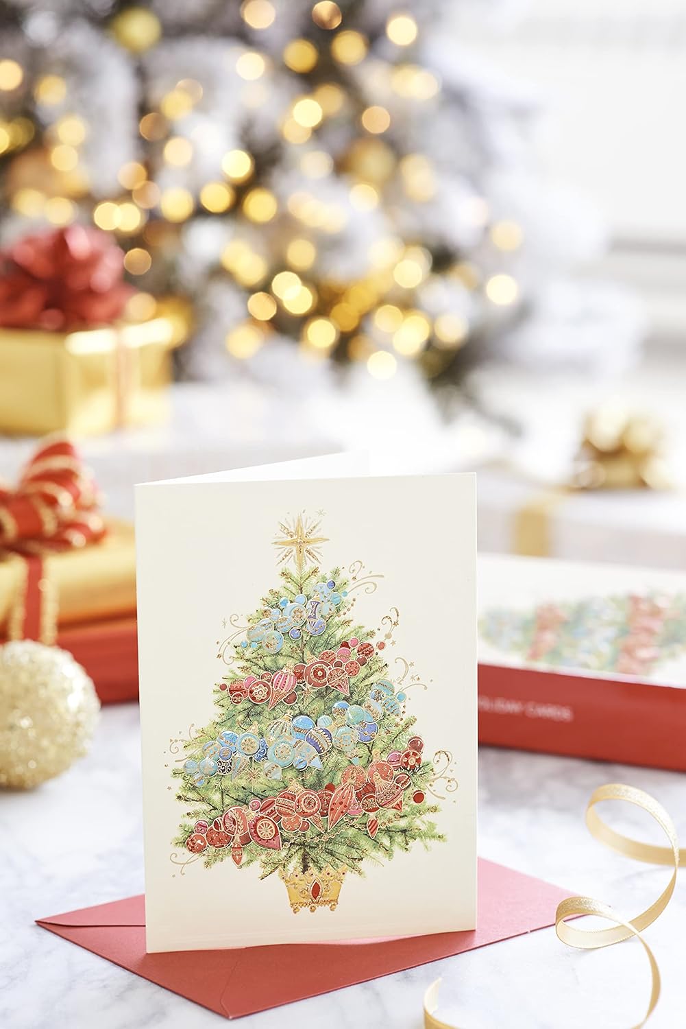12-Pack Papyrus Christmas Cards with Envelopes - Peace & Happiness Tree Design