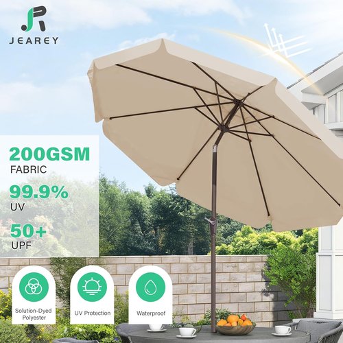 JEAREY 9 FT Patio Umbrella - Outdoor Market Umbrella with Push Button Tilt & Crank - Beige