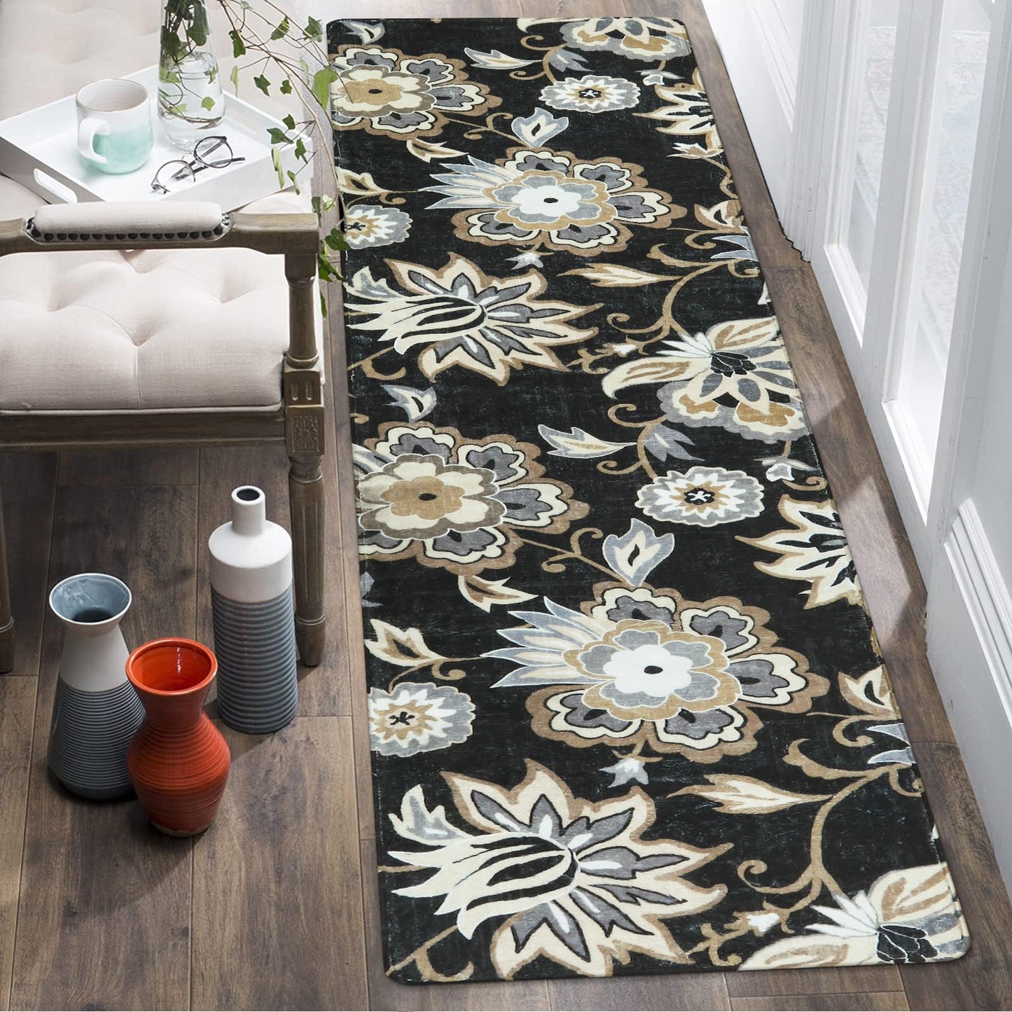 Lahome Floral Black Runner Rug - 2x8 Kitchen Runners Non Skid Washable 8 Ft Non-Slip Stain Resistant Long Runner Rugs for Hallway, Paisley Print Accent Ultra-Thin Runners for Bedroom Entryway Foyer