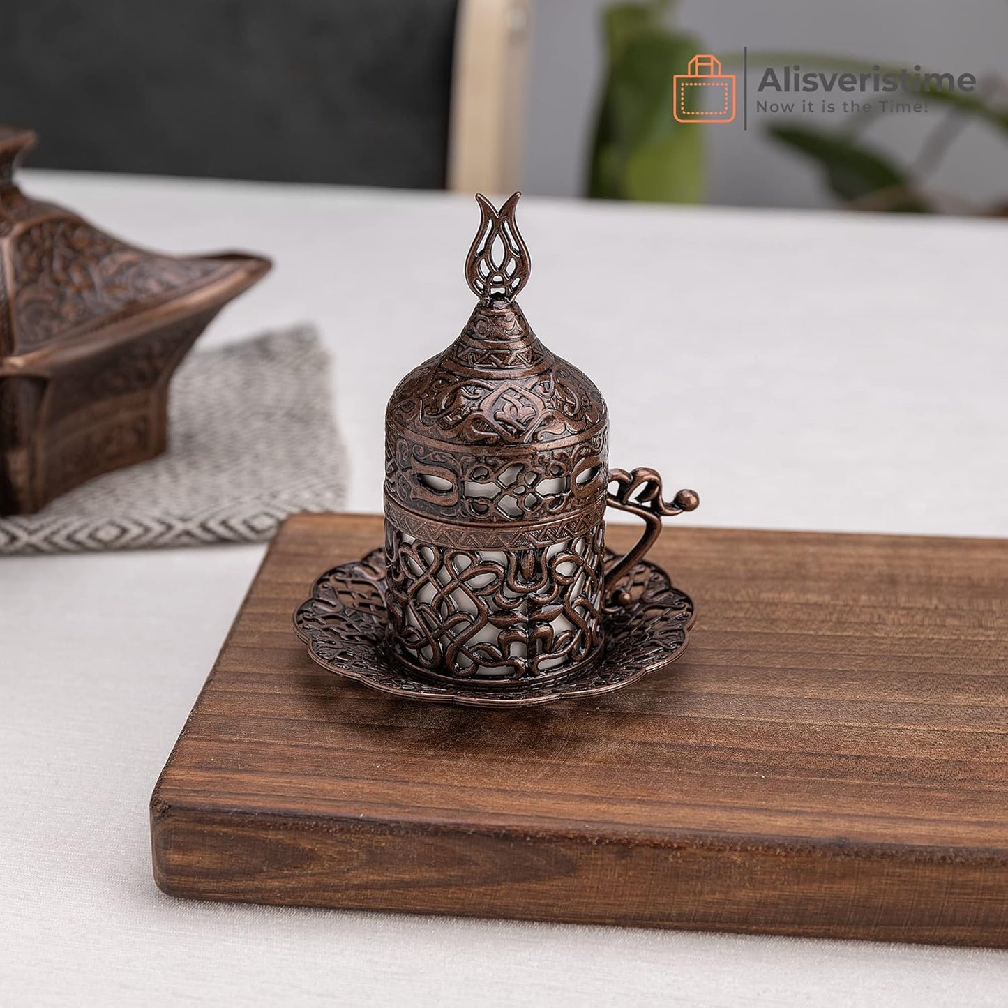 Alisveristime Turkish Coffee Set for Two - Authentic Ottoman Style Cups, Saucers, and Serving Tray with Lale Motifs (Acur) (Copper)