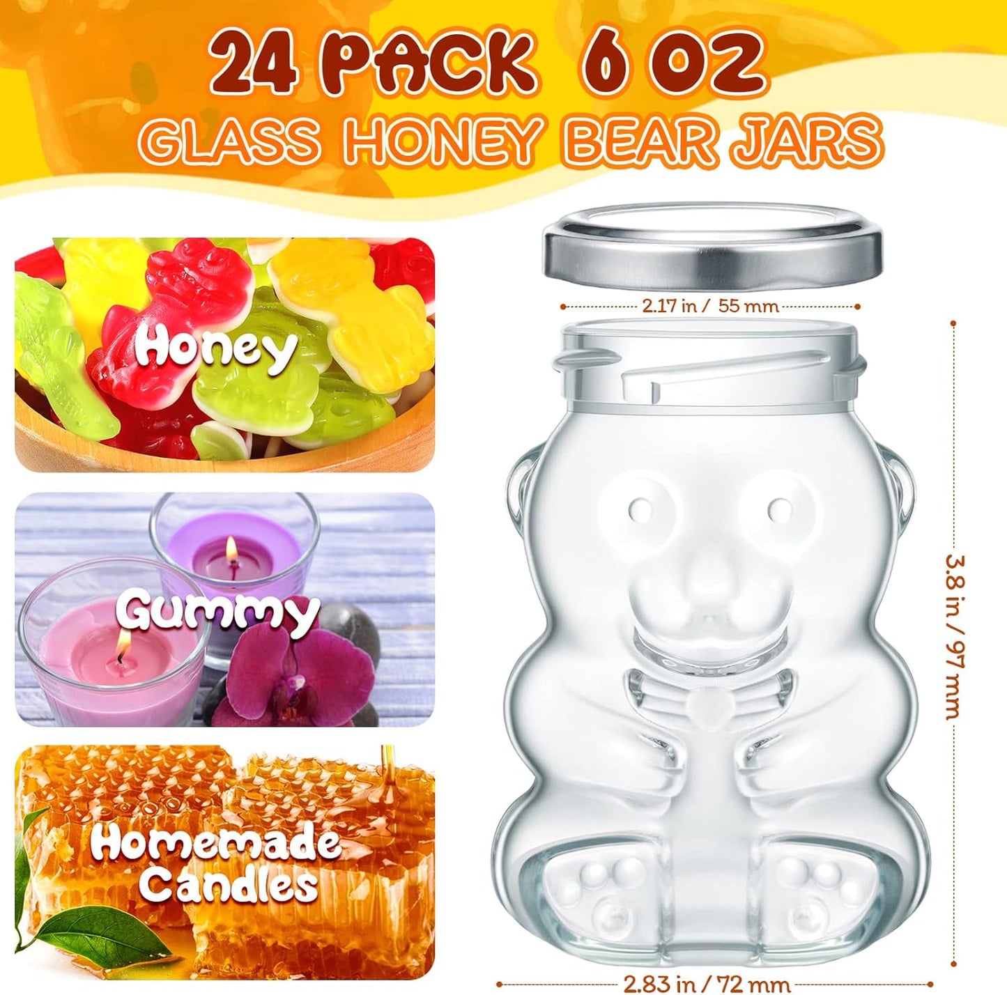 Patelai 24 Pack 6 oz Glass Honey Bear Jars with Silver Lids Reusable Small Honey Bear Shaped Glass Bottles Containers Dispenser for Candies, Birthday Wedding Party Favors