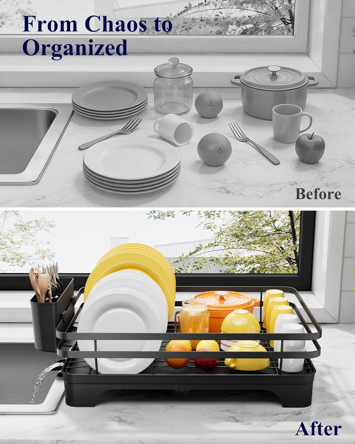Kitsure Dish Drying Rack - Multi-Functional Kitchen Counter Rack with Cutlery Holder | Rust-Proof, 15.7" x 12" x 5.5", Black