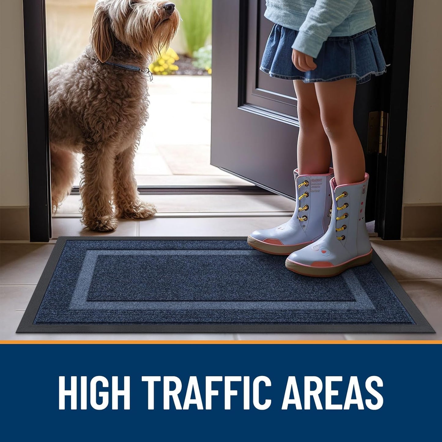 OLANLY Waterproof Front Door Mat - All-Season Indoor/Outdoor Doormat, Sturdy Rubber, Easy Clean | 47x23, Blue