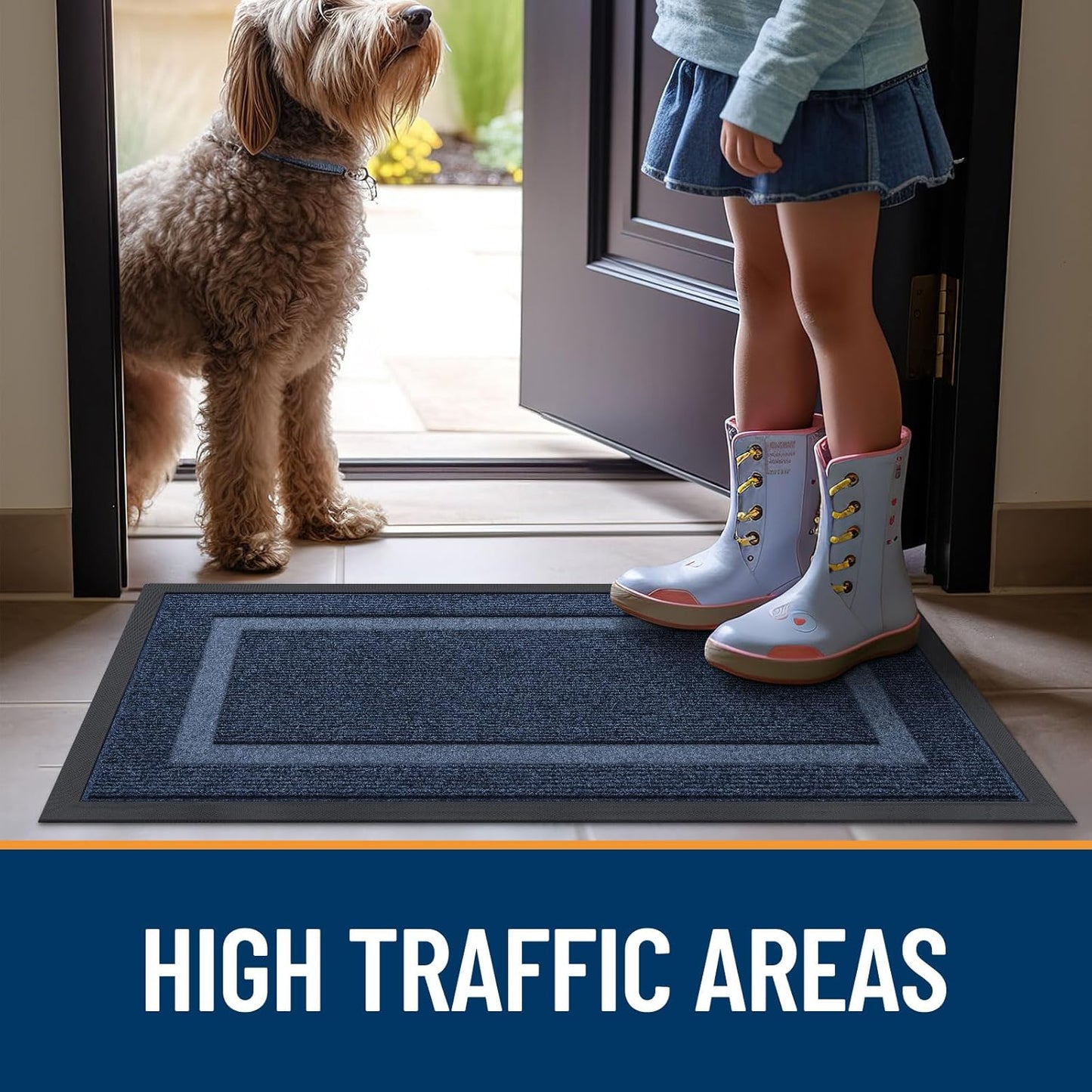 OLANLY Waterproof Front Door Mat - All-Season, Sturdy Natural Rubber, Easy Clean | 36x24, Blue