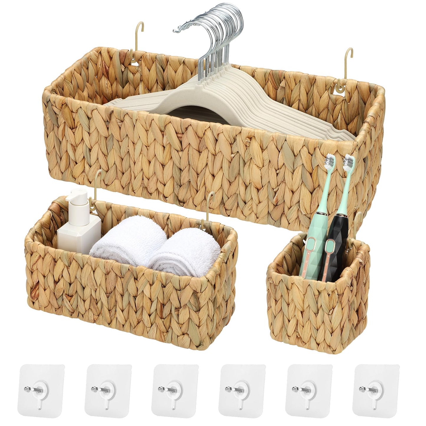 Woven Hanging Wall Baskets for Storage, Water Hyacinth Bathroom Wall Mount Organizer, Wicker Wall Baskets Decor for Letters and Mail, Food Storage Basket, Toilet Tank Basket, Set of 3