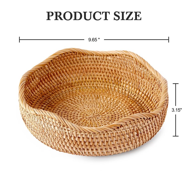 Rattan Woven Fruit Basket, Natural Round Bread Basket, Decorative Fruit Bowl for Kitchen Counter, Kitchen Storage Baskets for Vegetables, Eggs,Snacks