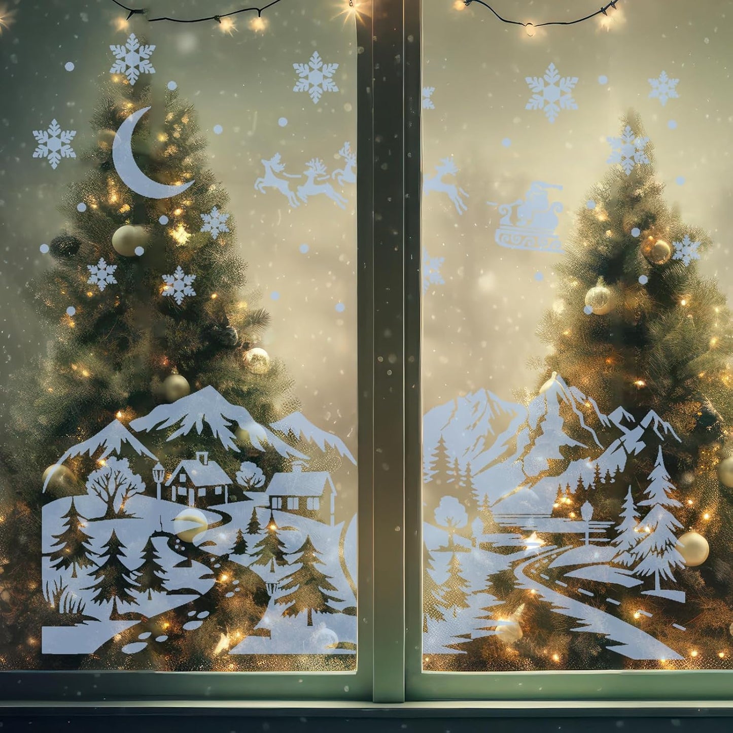 Leinuosen Christmas Window Stencils - 6 Pcs Reusable Winter Village Designs | 35.4 x 33 Inches