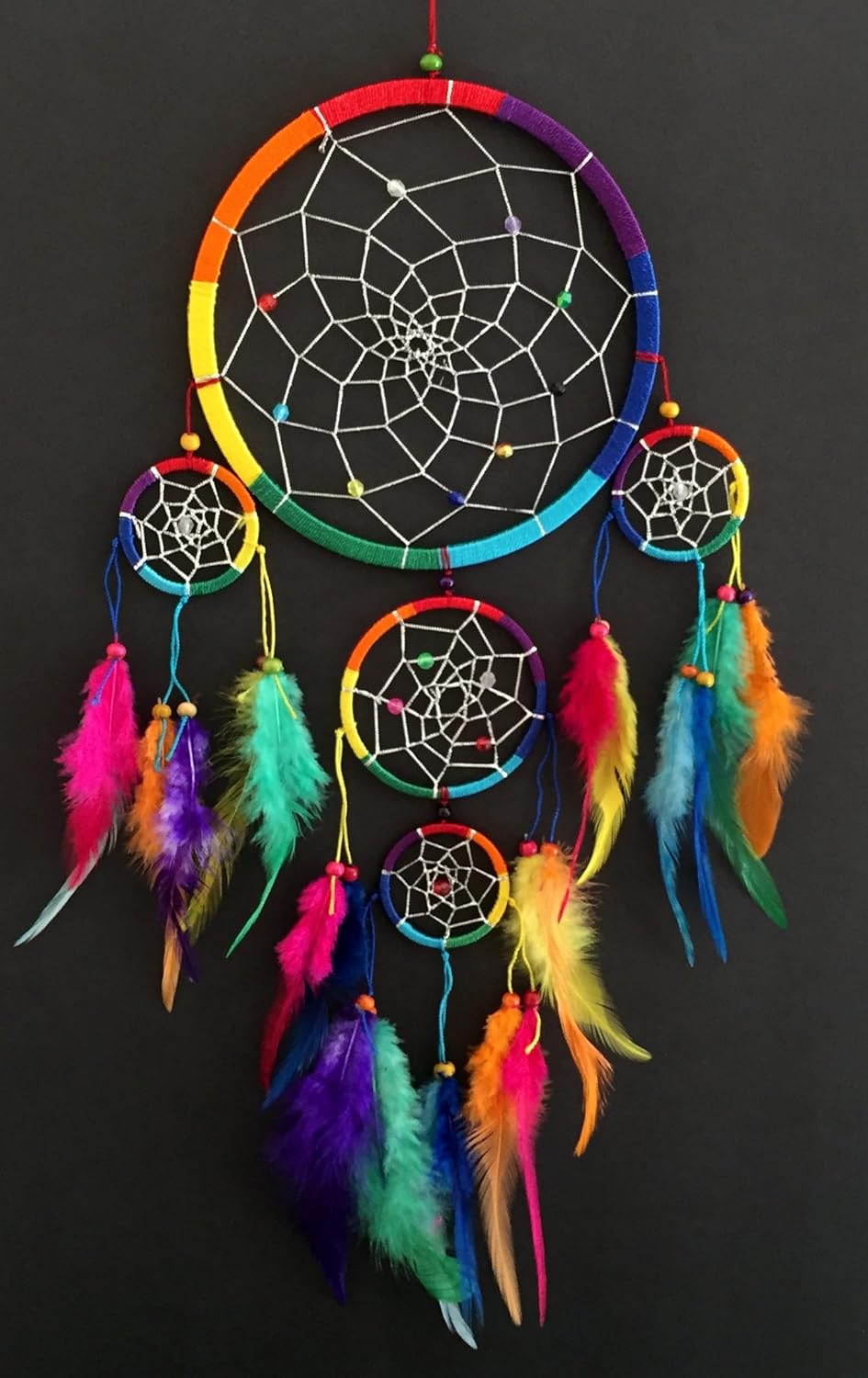 Handmade Rainbow Chakra Dream Catcher - 7" Diameter with Tie Dye Feathers & Beads