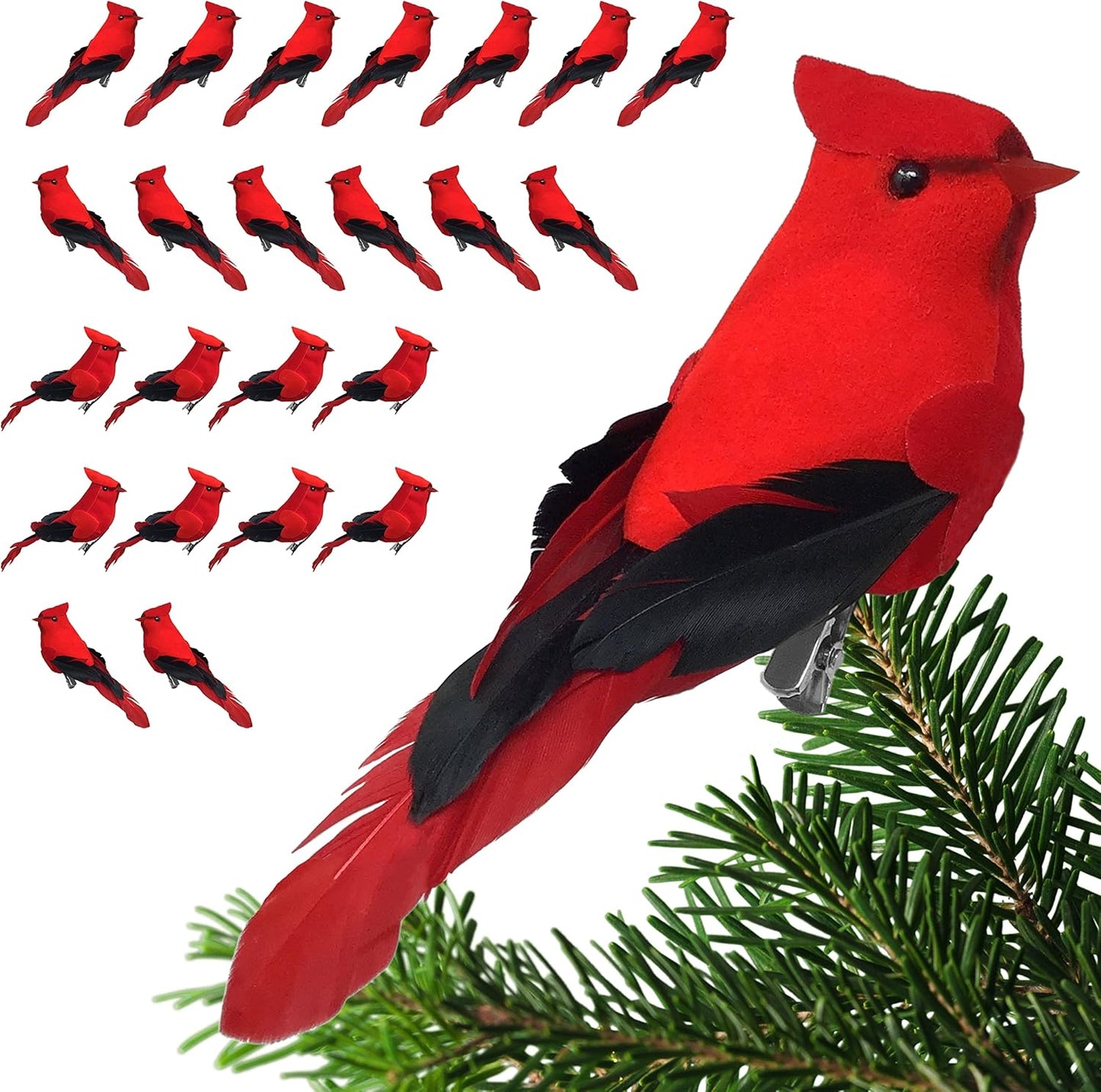 Red Cardinal Clip-On Christmas Tree Ornaments - Set of 12, 5" Long with Flocked Body & Feathered Wings