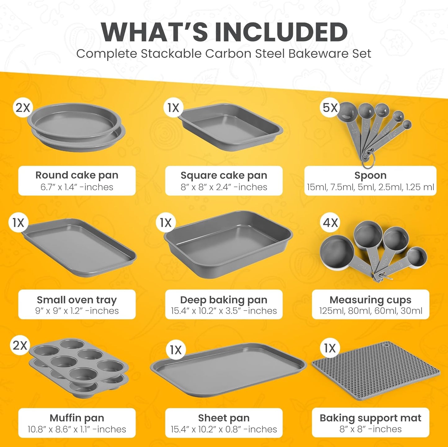 Skiennix Non-Toxic Bakeware Set - PFOA-Free 11pc Nonstick Carbon Steel Baking Pans | Space-Saving Design
