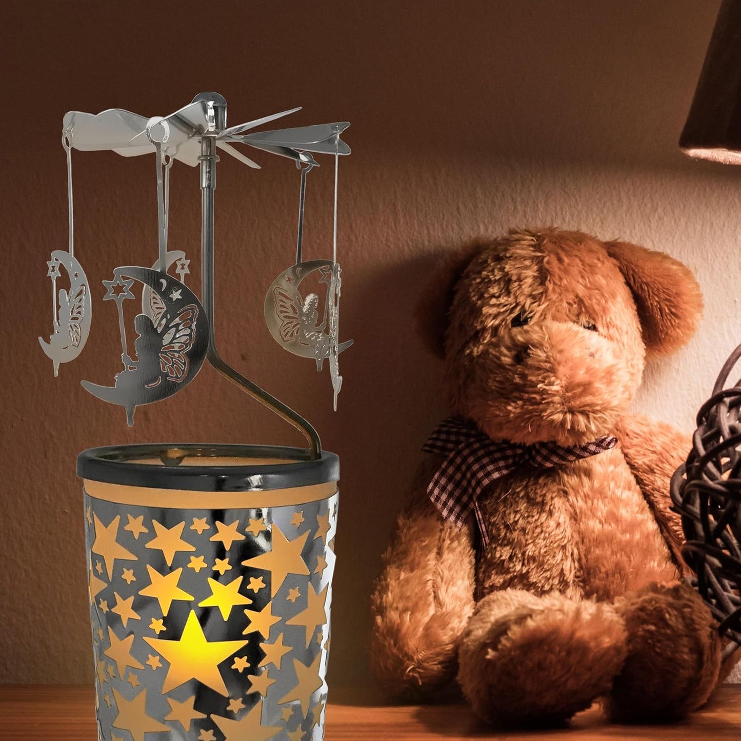 Spinning Moon & Stars Candle Holder - Silver Metal Rotating Tealight Stand - 6.25” Scandinavian Design
