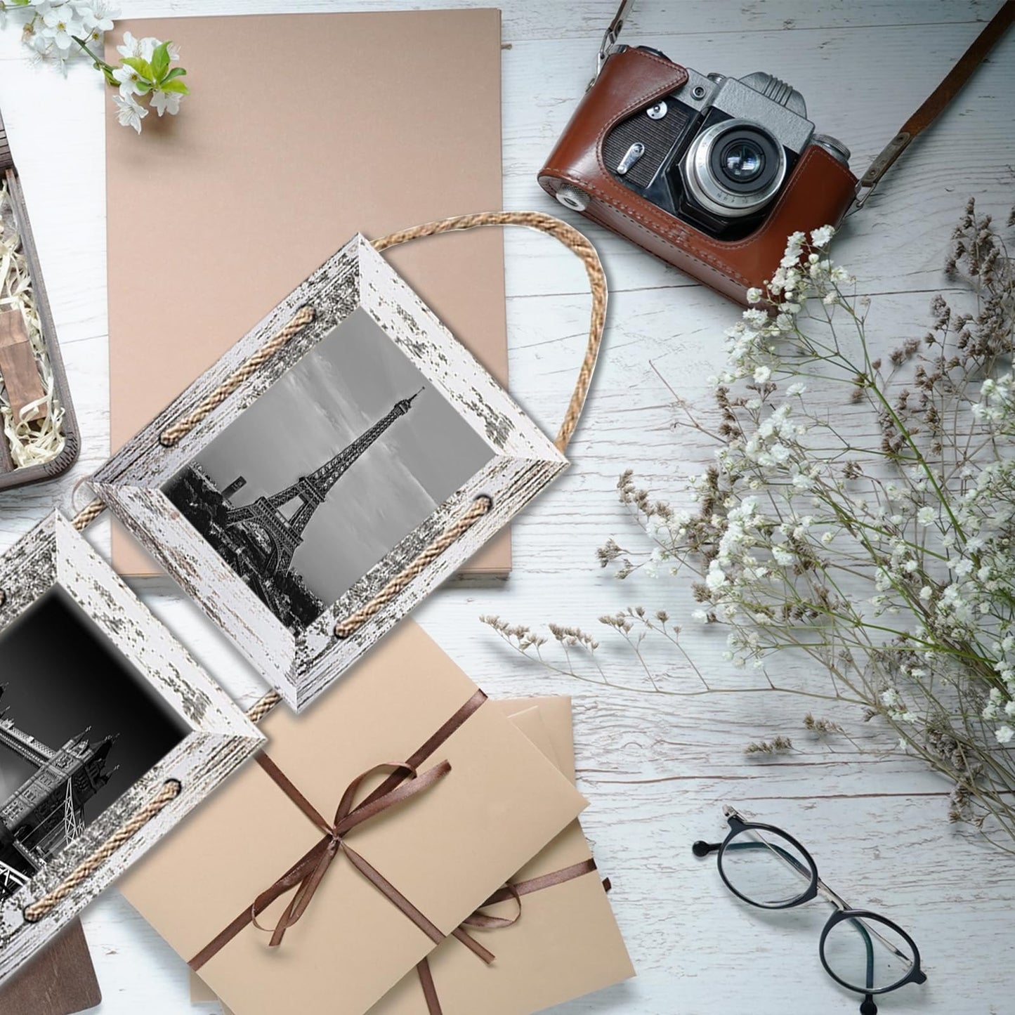 PWTAKO 4x6 Hanging Collage Picture Frames Wall Decor, 3-Opening 4x6 Rustic Wood Frame with Hemp Rope, 2 Pack,White