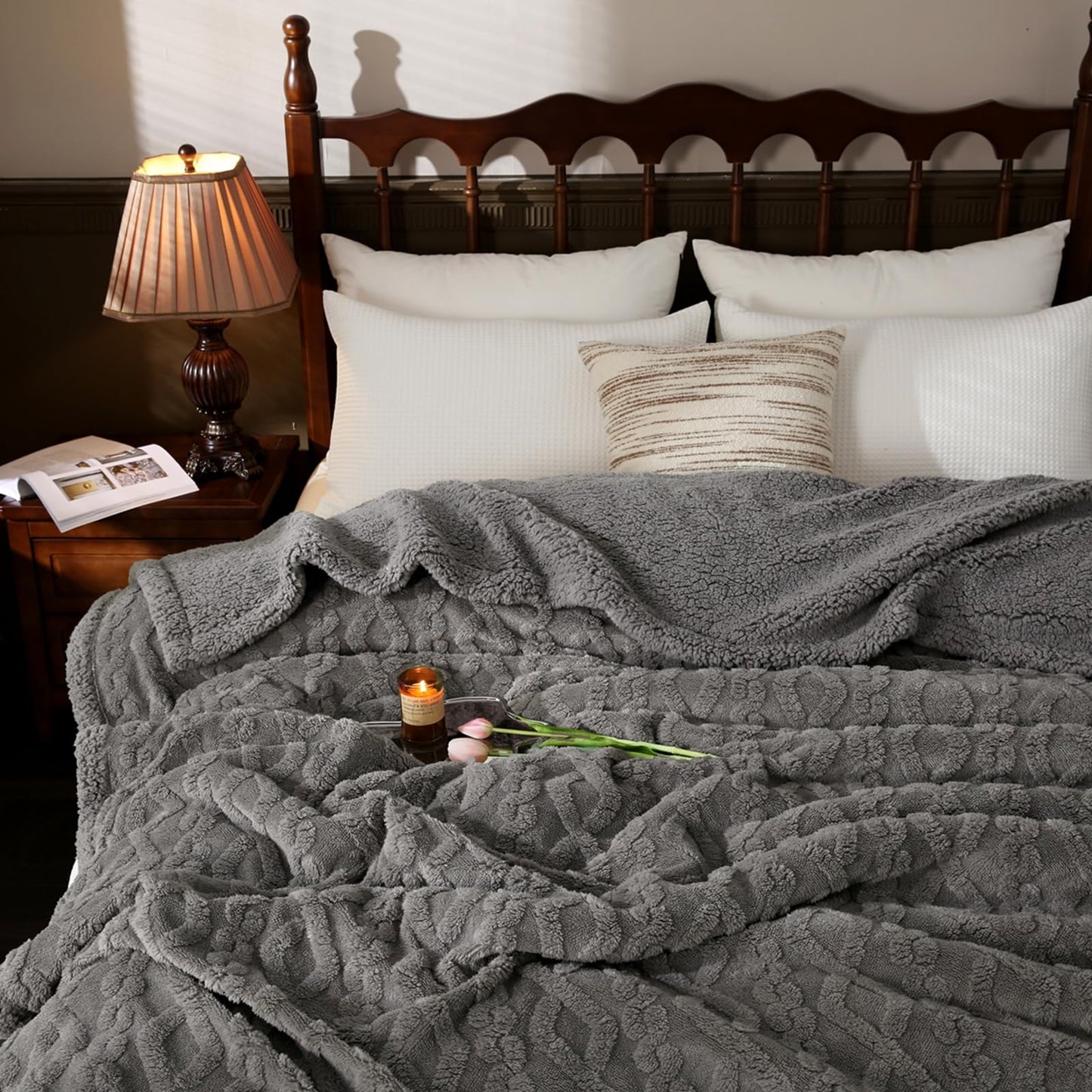 PU MEI Sherpa Throw Blanket for Couch Sofa 60”*80”- Fleece Tufted Fuzzy Soft Cozy Blanket for Bed, Thick Warm Blanket for All Seasons, (Dark Grey, 60"*80")