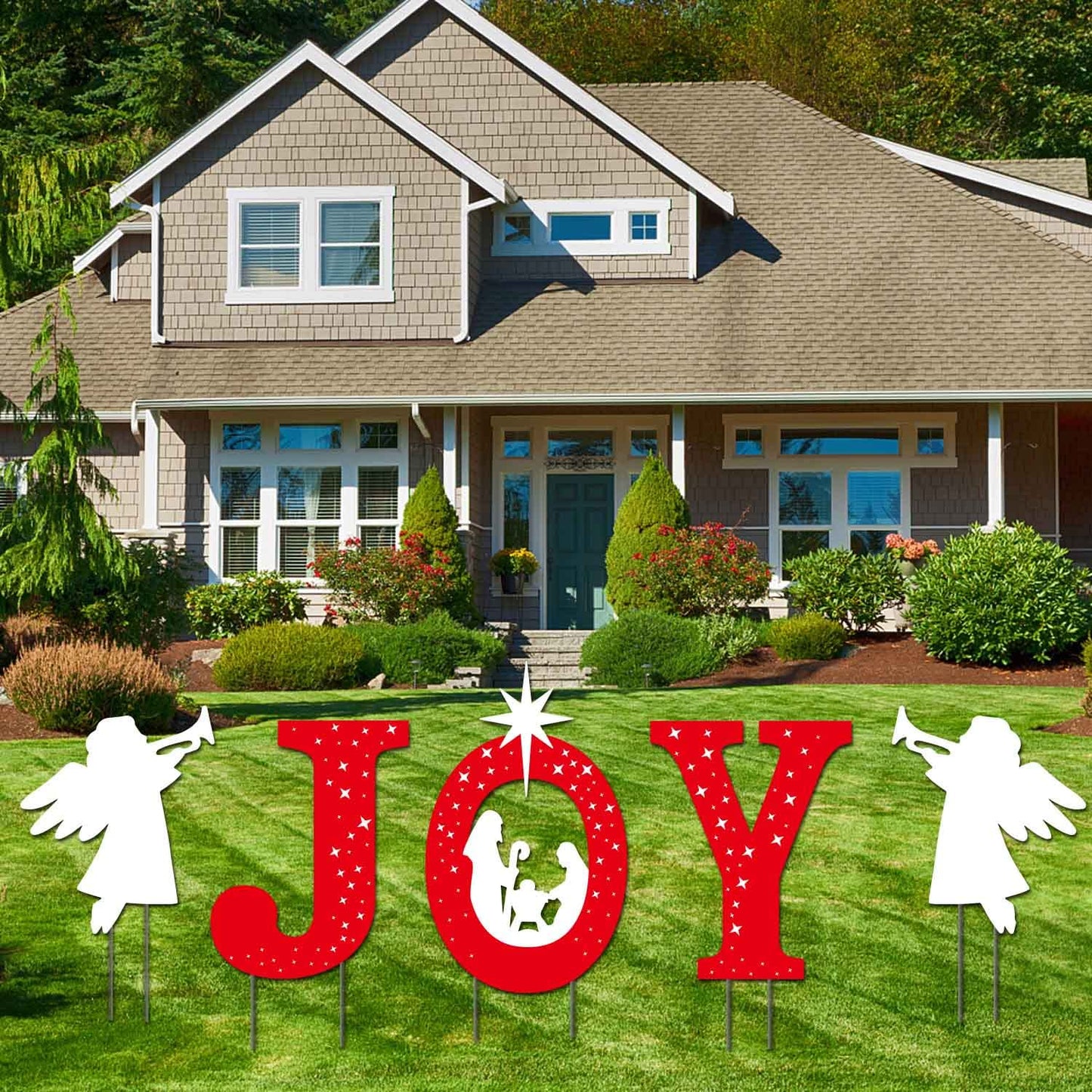 5 Pcs Large Outdoor Christmas Decorations -Joy Nativity Sets for Christmas Outdoor Xmas Nativity Lawn Religious Scenes Yard Decor with Stake for Home Lawn Pathway Walkway, Red, White