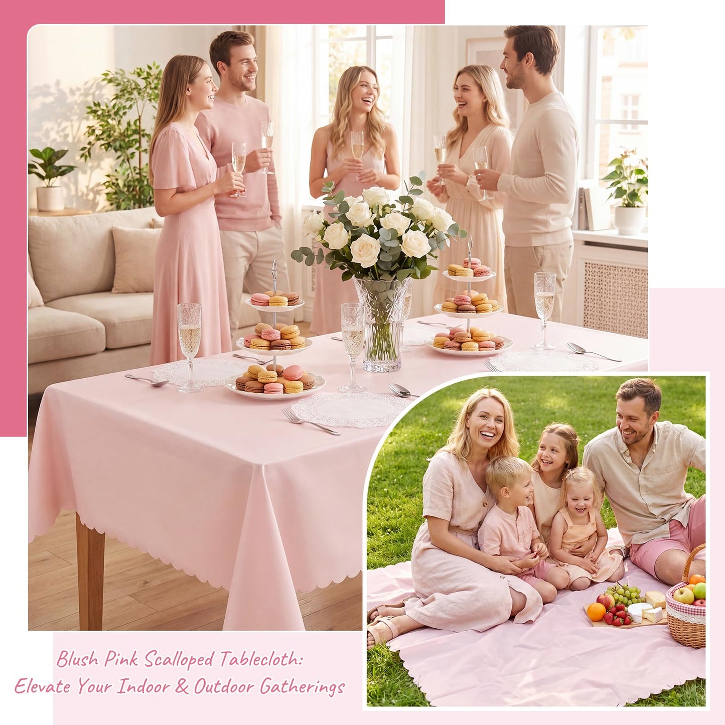 3 Pack Plastic Light Pink Tablecloths, 54 X 108Inch Disposable Spring Tablecloth Scalloped Mother's Day Table Cloth for Rectangle Tables Table Cover for Easter Baby Shower Bridal Tea Party Wedding