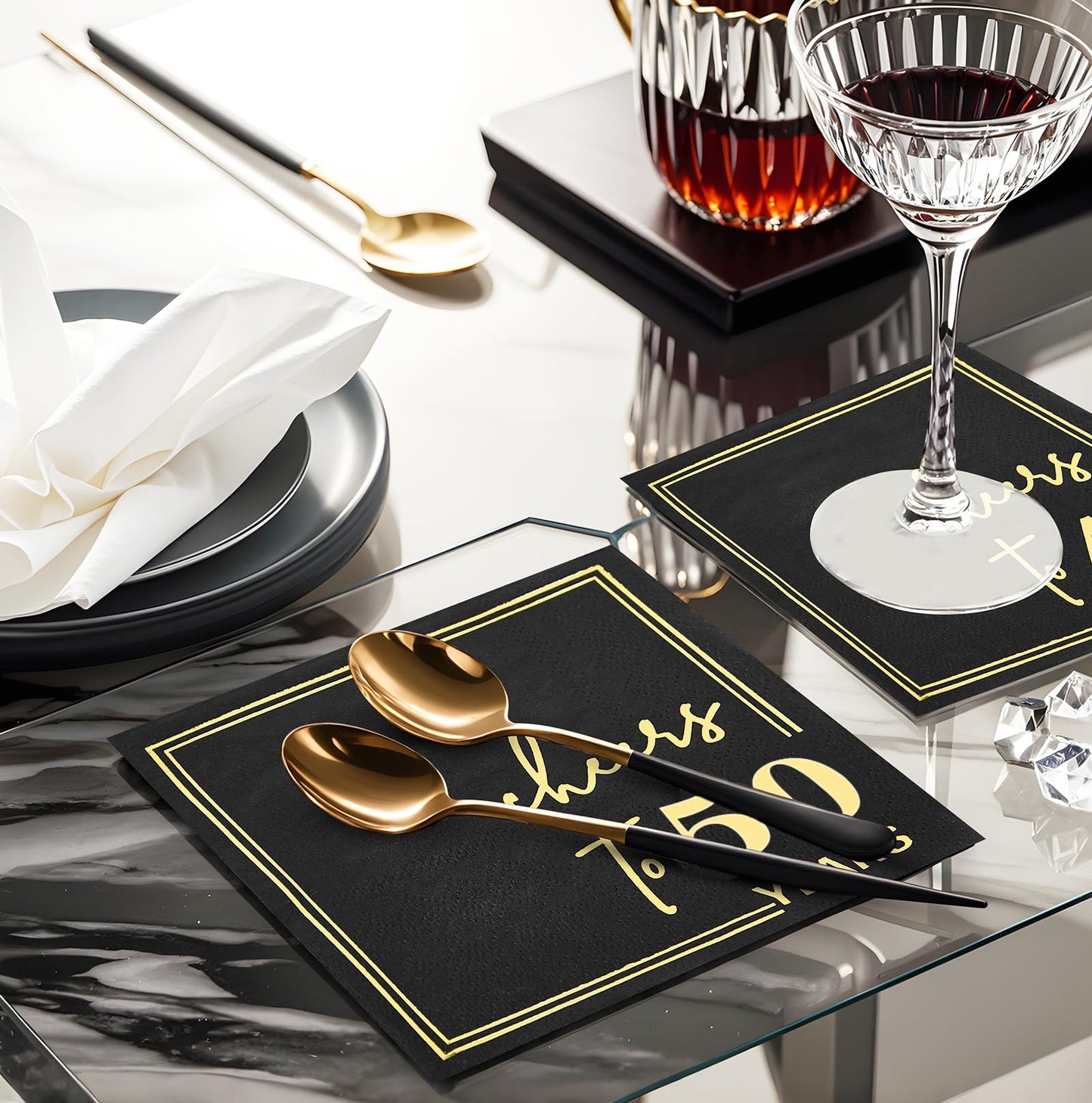 Ottin Cheers to 50 Years Cocktail Napkins, Black and Gold 50th Birthday & 50th Wedding Anniversary Decorations, 3-Ply 5x5 Inch Beverage Napkins, Gold Foil Disposable Party Napkins, 50 Count