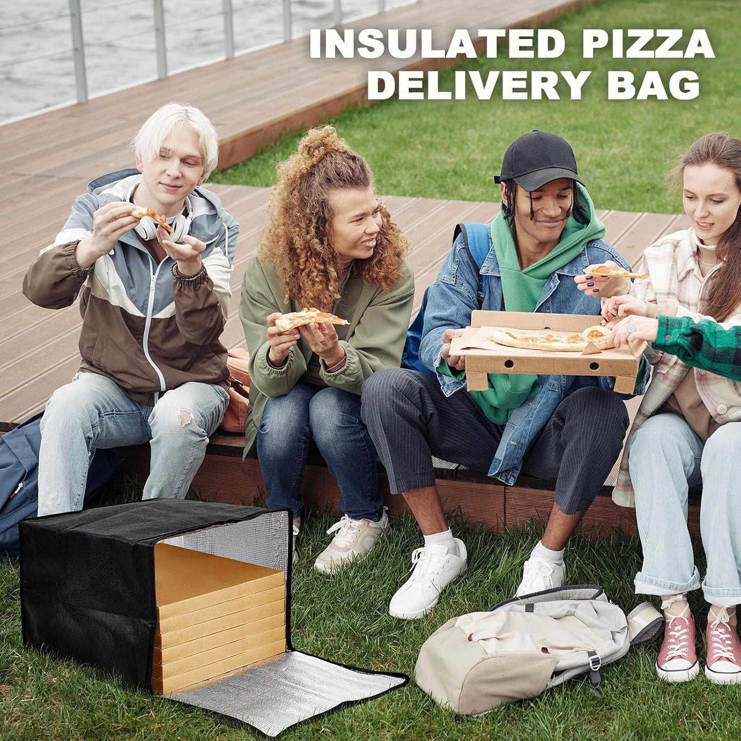 Maxcheck Insulated Pizza Delivery Bag - 20 x 20 x 14 Inch Reusable Cooler for Hot Food | Black