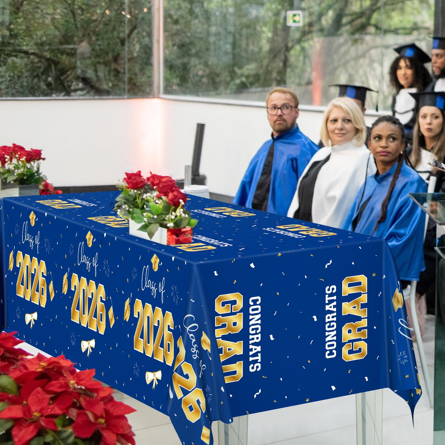 QZYL 4 Pack Graduation Decorations 2026, 54" x 108" Blue and Gold Disposable Graduation Table Cloths, Grad Party Decorations for Class of 2026, Rectangle Plastic Tablecloth for College Congrats Grad