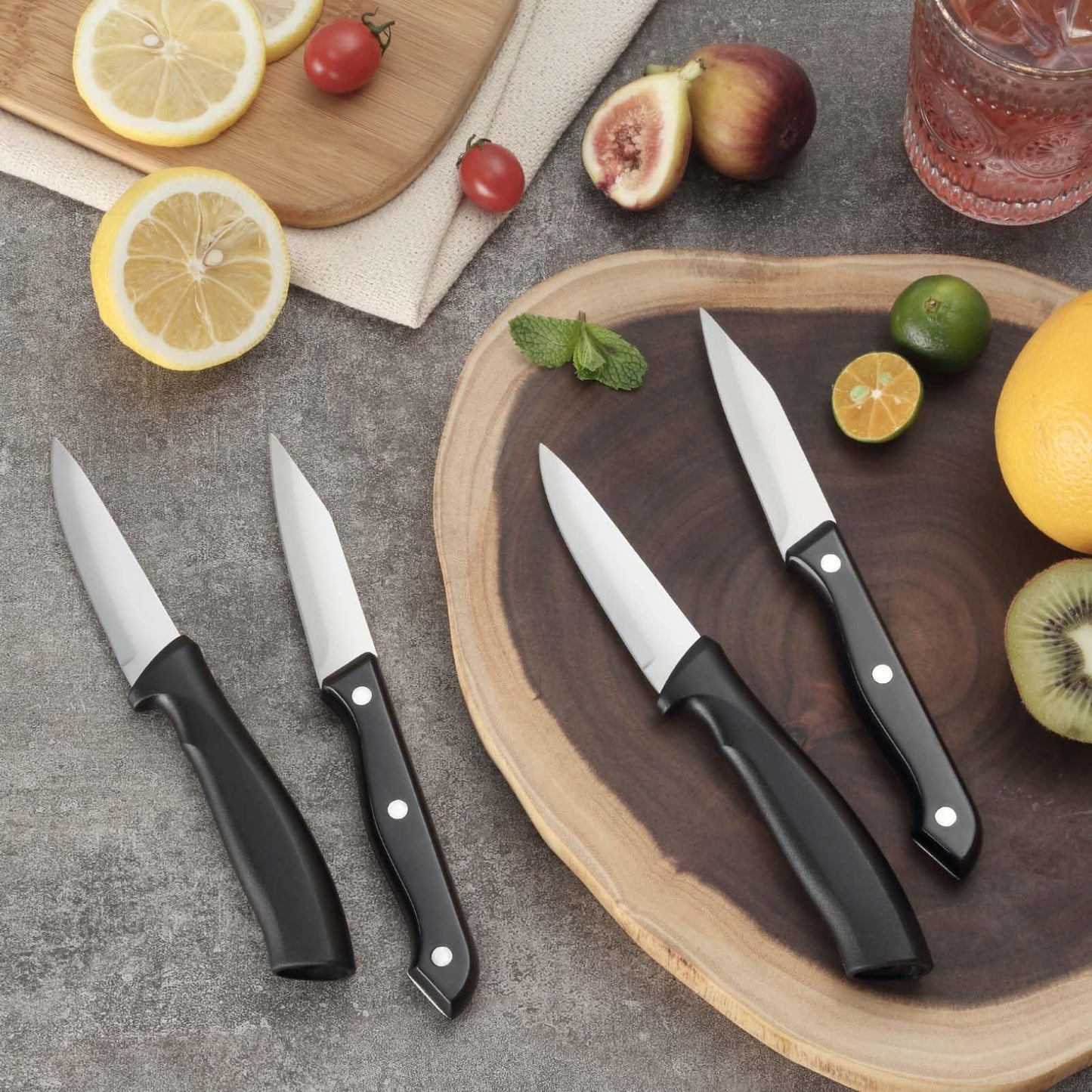 BEWOS 4-Piece Paring Knife Set - Paring Knives with Ergonomic Handle, 3.5 Inch Triple Rivet Paring Knives, Stainless Steel/Black Parers for Vegetable, Fruit & Kitchen Use