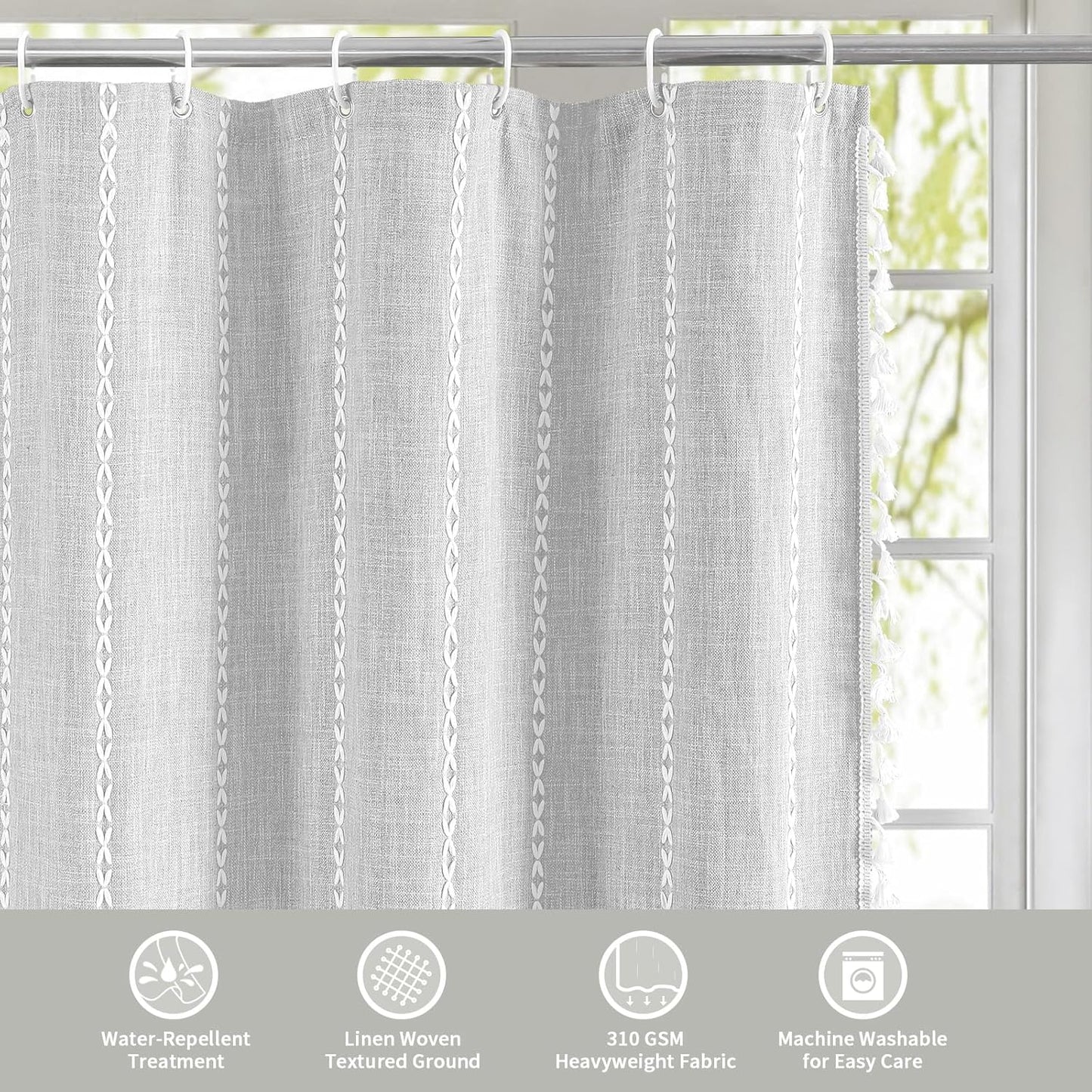 MitoVilla Grey Boho Farmhouse Shower Curtain Set - 36 x 72 Inch, Narrow Polyester Linen for Bathroom Decor