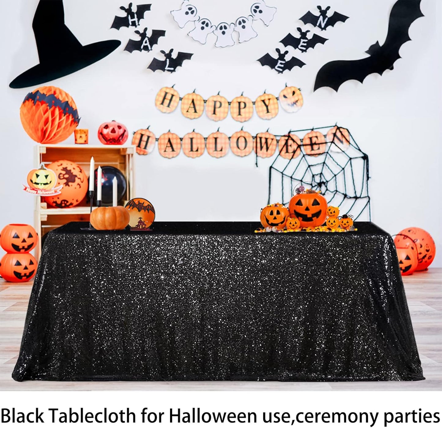 Black Sequin Tablecloth 60x102 inches - Glitter Halloween & Wedding Linens