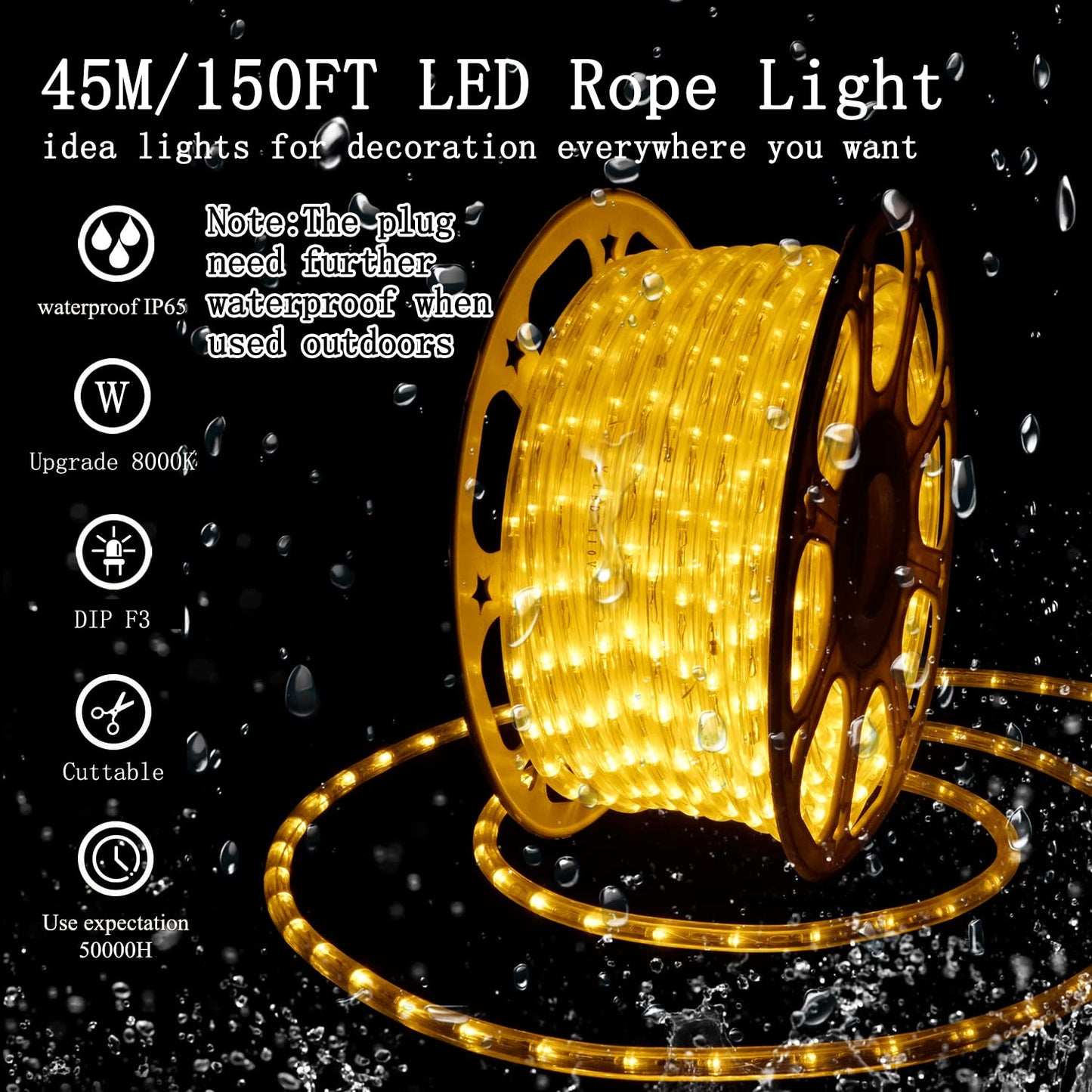SURNIE 150FT LED Rope Lights Outdoor: Waterproof Flexible 110V 3000K Warm White LED String Light - Cuttable Connectable Clear Lighting Tube for Indoor Stairs Patio Garden Party Decor, Not Flat Strip