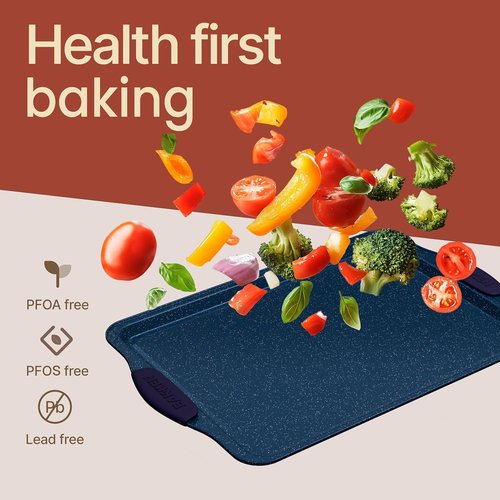 BAKKEN Nonstick Baking Pan Set - Carbon Steel Bakeware with Blue Silicone Handles | Oven Safe Up to 450°F, Set of 6