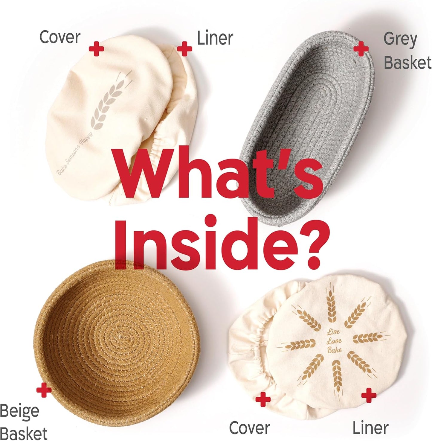 KneadAce Bread Proofing Basket Set - Oval & Round Cotton Rope Baskets with Liners for Artisan Baking