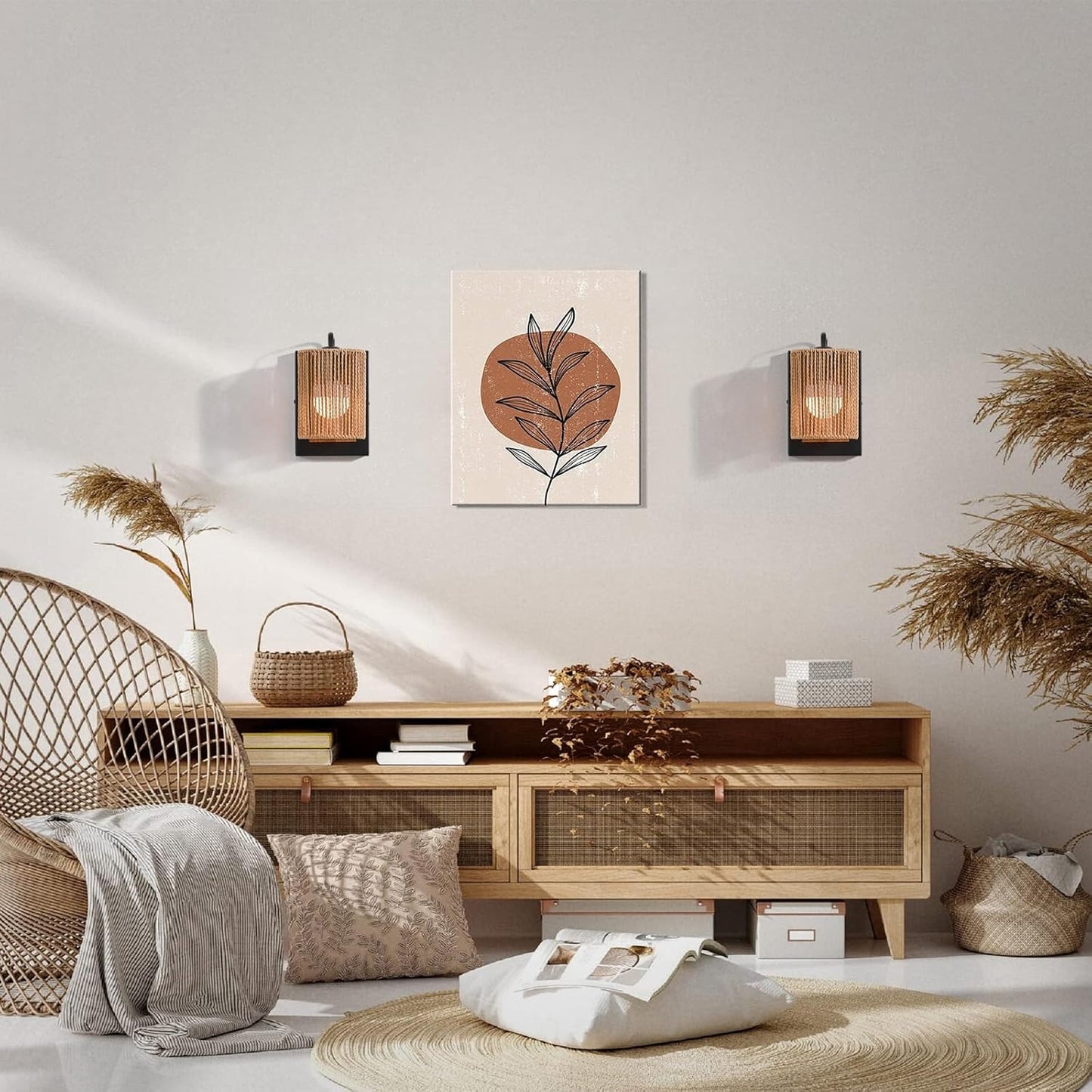 Boho Rattan Wall Sconces Set of Two, Farmhouse Wall Light Fixtures Lighting with Hand Woven Hemp Rope Shade Bedside Wicker Wall Lamp, Wall Mount Light Fixture for Bedroom Living Room Bathroom Stairway