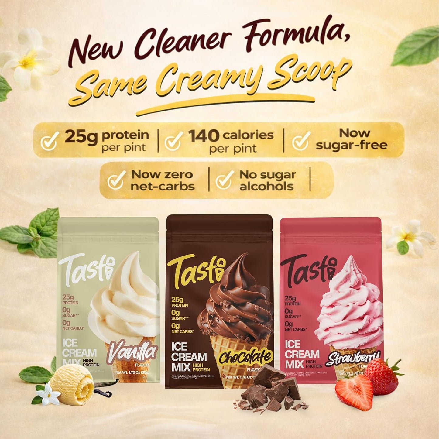 TASTI High-Protein Ice Cream Mix - Sugar-Free Chocolate, Vanilla & Strawberry | 6-Pack (150 Calories)