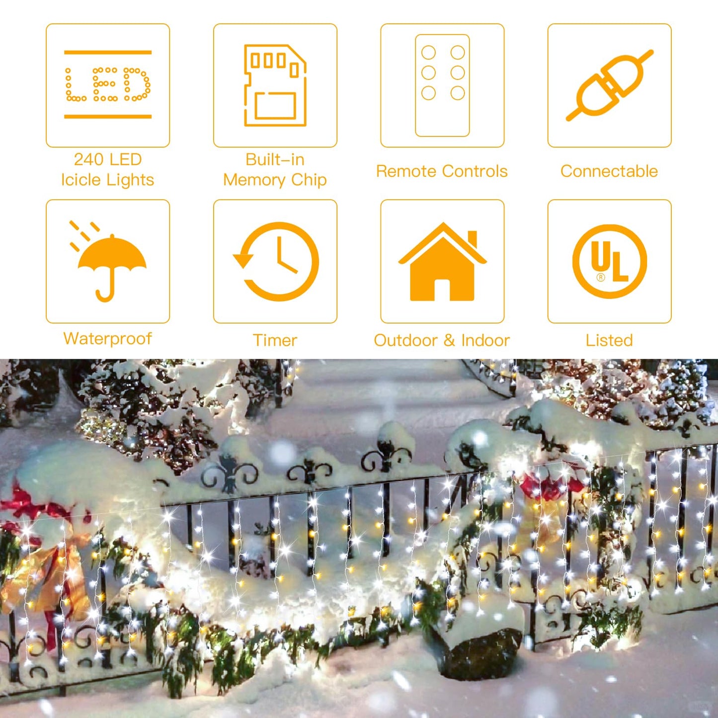 suddus Christmas Icicle Lights for Outside with 24 Drops, 23.6ft 240 Led Hanging String Lights Outdoor Waterproof, Plug in Connectable Christmas Twinkle Lights for House, Roof, Railing, Wedding Party