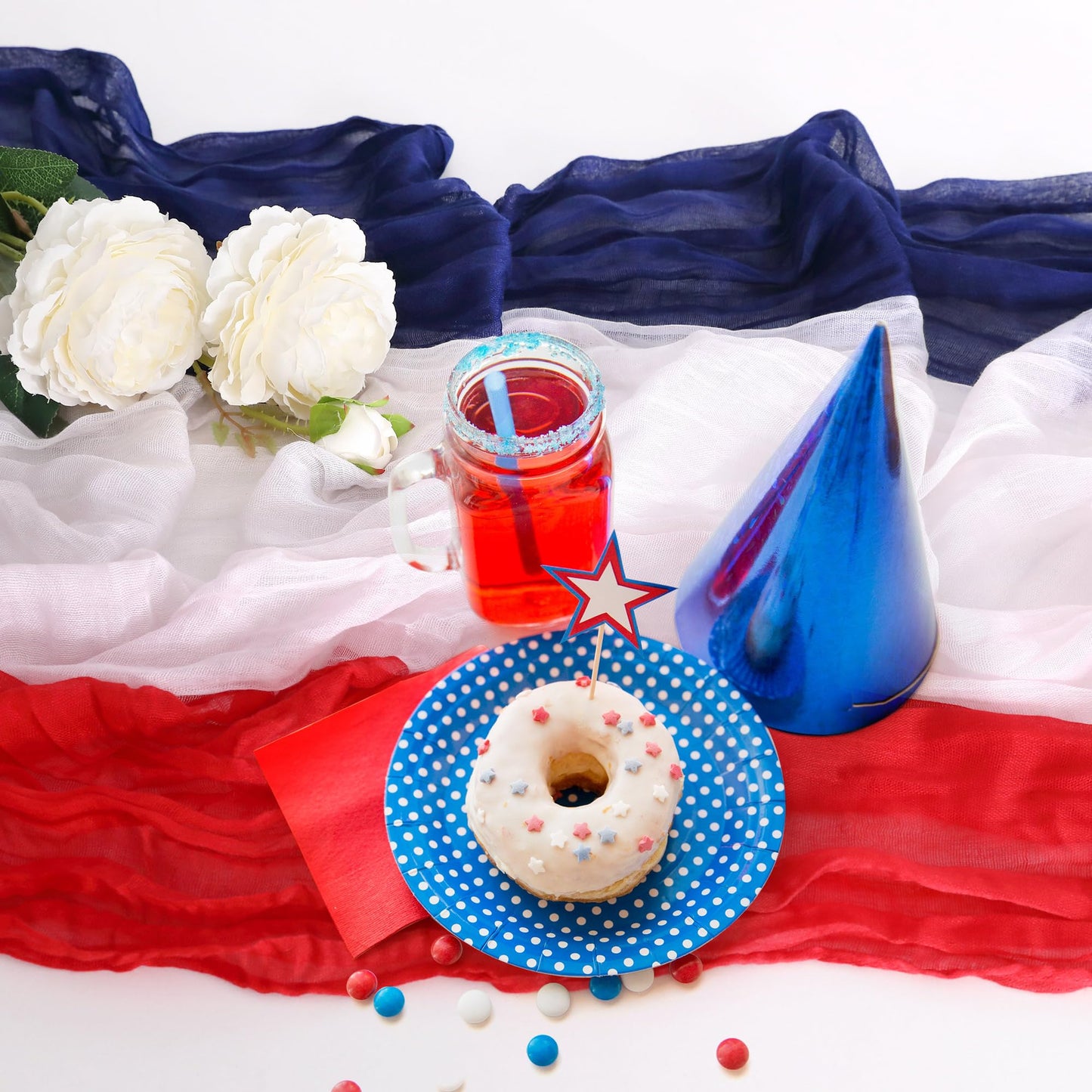 RunNico 2 PCS 4th of July Cheese Cloth Table Runner- 120 x 38 Inch Rustic Red White and Blue Gauze Table Cloth- Patriotic Memorial Day Cheesecloth Table Runners for Independence Day Dining Table Decor