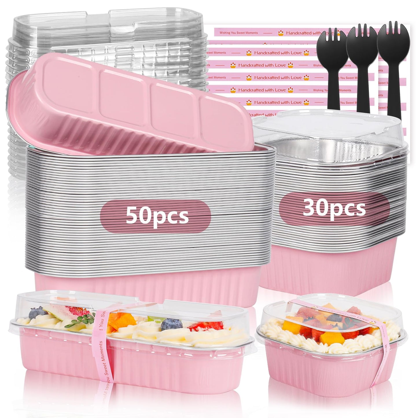 YQER Mini Loaf Pans with Lids for Baking Bread Disposable, Mini Baking Pans with Lids and Spoons Pink Sticker, 50 Pcs 6.8oz Mini Foil Cake Pans, 30pcs 10oz Mini Aluminum Square Baking Cups with Lids