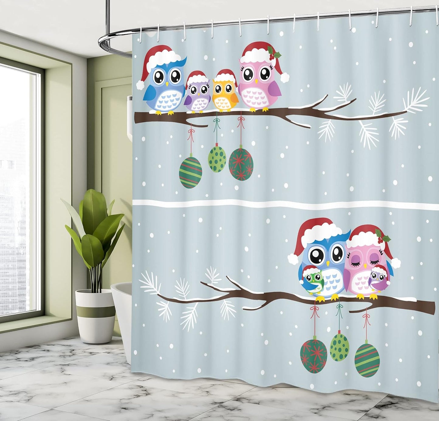 Christmas Owl Family Shower Curtain - Winter Bathroom Decor, 69" x 70", Fabric Set with Hooks