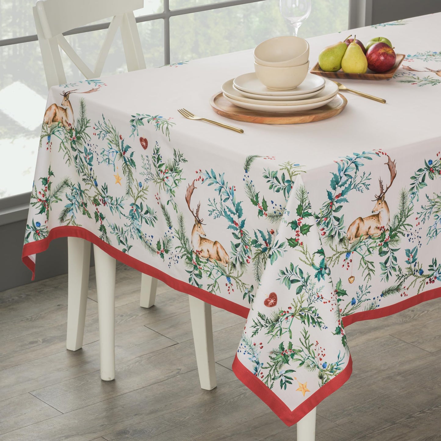 Maison d' Hermine Table Cloth Rectangle Table 100% Cotton 60 x 120 Inches Fall Tablecloth Reusable Everyday Use for Thanksgiving Christmas Decorations Dining Farmhouse Party (Holly Time)