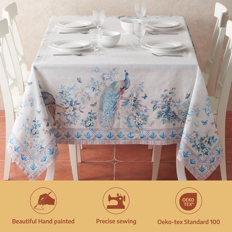 Maison d' Hermine Premium Table Cloth Rectangle Table 100% Combed Cotton 90 x 70 Inches Tablecloth Reusable Decorative for Dining Room, Farmhouse, Party, Festive & Wedding - Peacock Utopia - Orginal